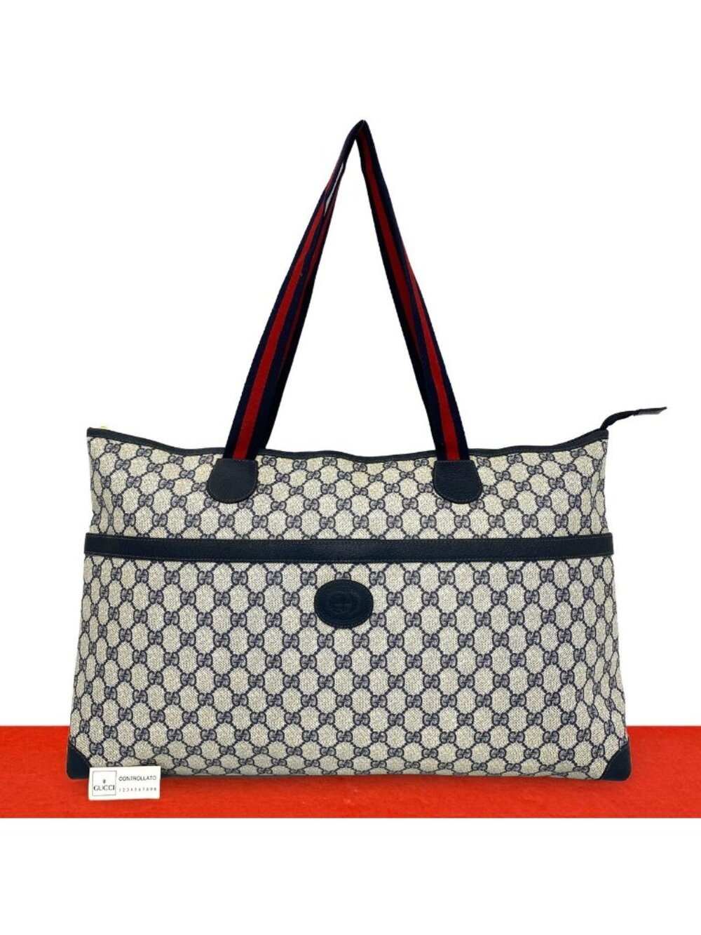Gucci Vintage Sherry Line GG Pattern Logo Leather Tote Bag Navy